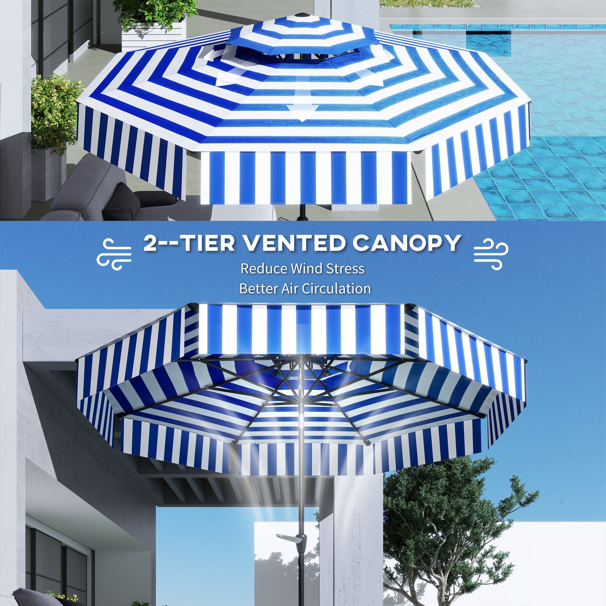 8.6FT Patio Umbrella, UPF 30+ Outdoor Market Umbrella, 2-Tier Vented Patio Table Umbrella with Crank 8 Ribs, Tiltable Porch Umbrella for Garden Deck Poolside, Navy Blue