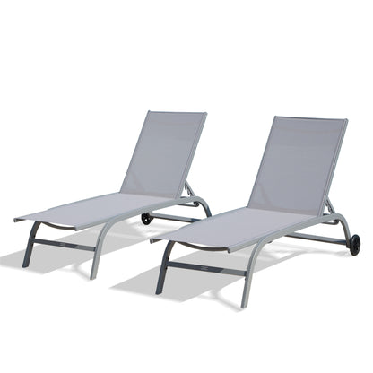 Chaise Lounge Outdoor Set Of 2, Lounge Chairs For Outside With Wheels, Outdoor Lounge Chairs With 5 Adjustable Position, Pool Lounge Chairs For Patio, Beach, Yard, Deck, Poolside Grey,2 Lounge Chairs