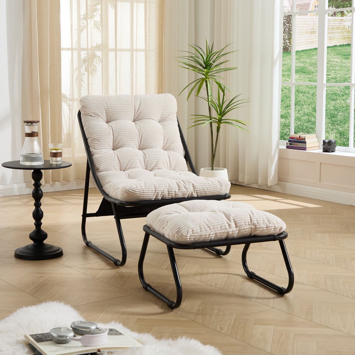 Patio Outdoor Lounge Chair With Ottoman, Comfy Sling Recliner Chair With Puffy Cushion And Foot Stool, Ideal For Living Room, Bedroom, Reading Room, Black Frame With White Cushion