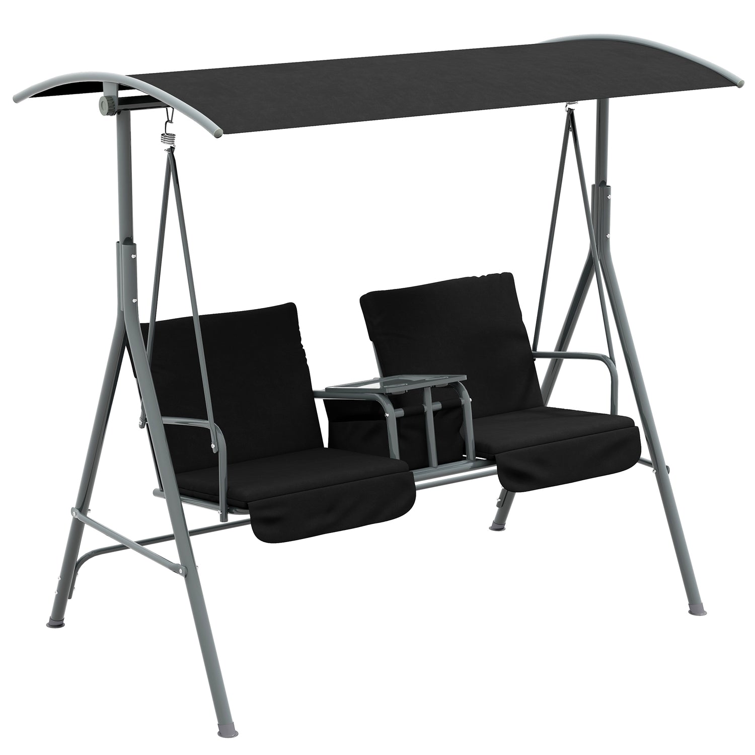2-Seater Outdoor Porch Swing with Canopy and Table, Patio Swing Chair for Garden, Poolside, Backyard, Black