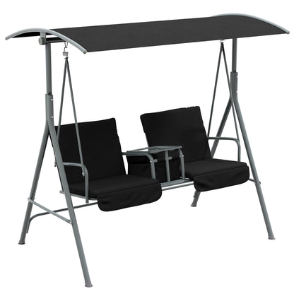 2-Seater Outdoor Porch Swing with Canopy and Table, Patio Swing Chair for Garden, Poolside, Backyard, Black