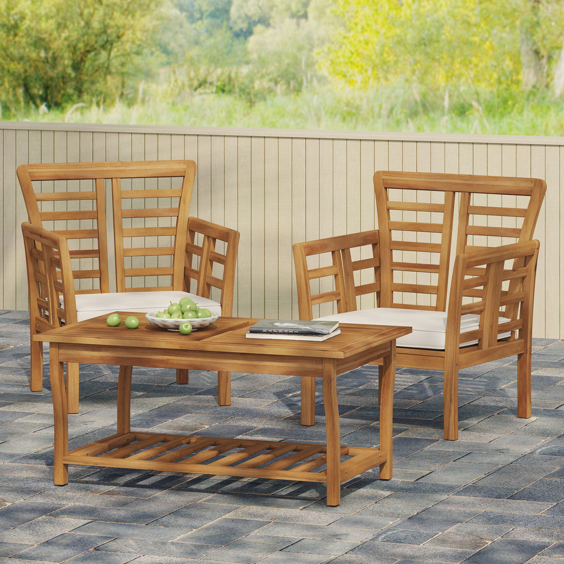 Caydon 2 Club Chairs + Table Outdoor Set with Slat Panel Design - Natural Wood