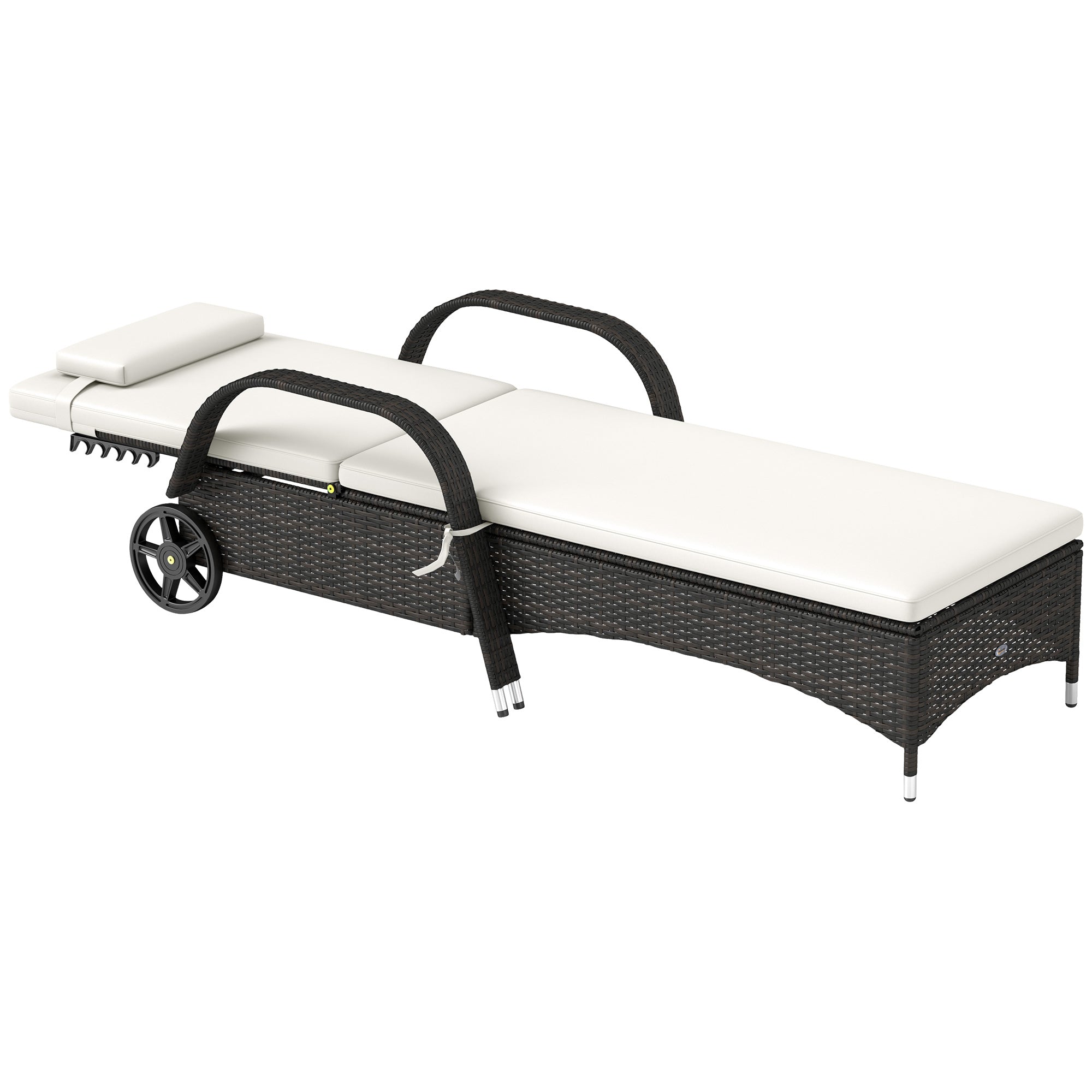 Outdoor Chaise Lounge, 5-Level Adjustable Backrest Rattan Pool Lounge Chair with Wheels, Cushion &amp; Headrest, Cream