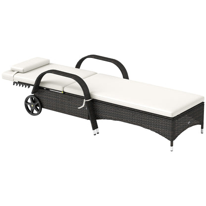 Outdoor Chaise Lounge, 5-Level Adjustable Backrest Rattan Pool Lounge Chair with Wheels, Cushion &amp; Headrest, Cream