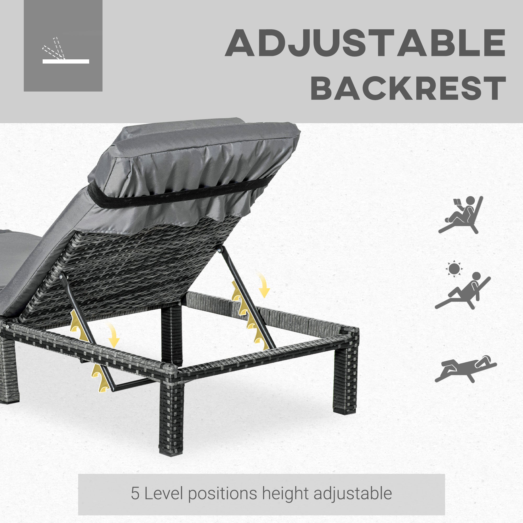 Rattan Sun Lounger, 5-Level Adjustable Garden Lounger Recliner With Cushion And Headrest, Outdoor Reclining Sunbed, Steel Frame Garden Chair For Patio, Beach, Terrace, Dark Grey