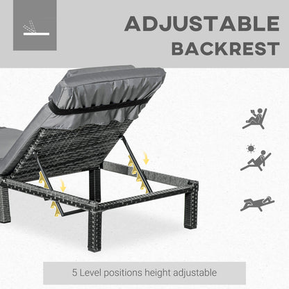 Rattan Sun Lounger, 5-Level Adjustable Garden Lounger Recliner With Cushion And Headrest, Outdoor Reclining Sunbed, Steel Frame Garden Chair For Patio, Beach, Terrace, Dark Grey