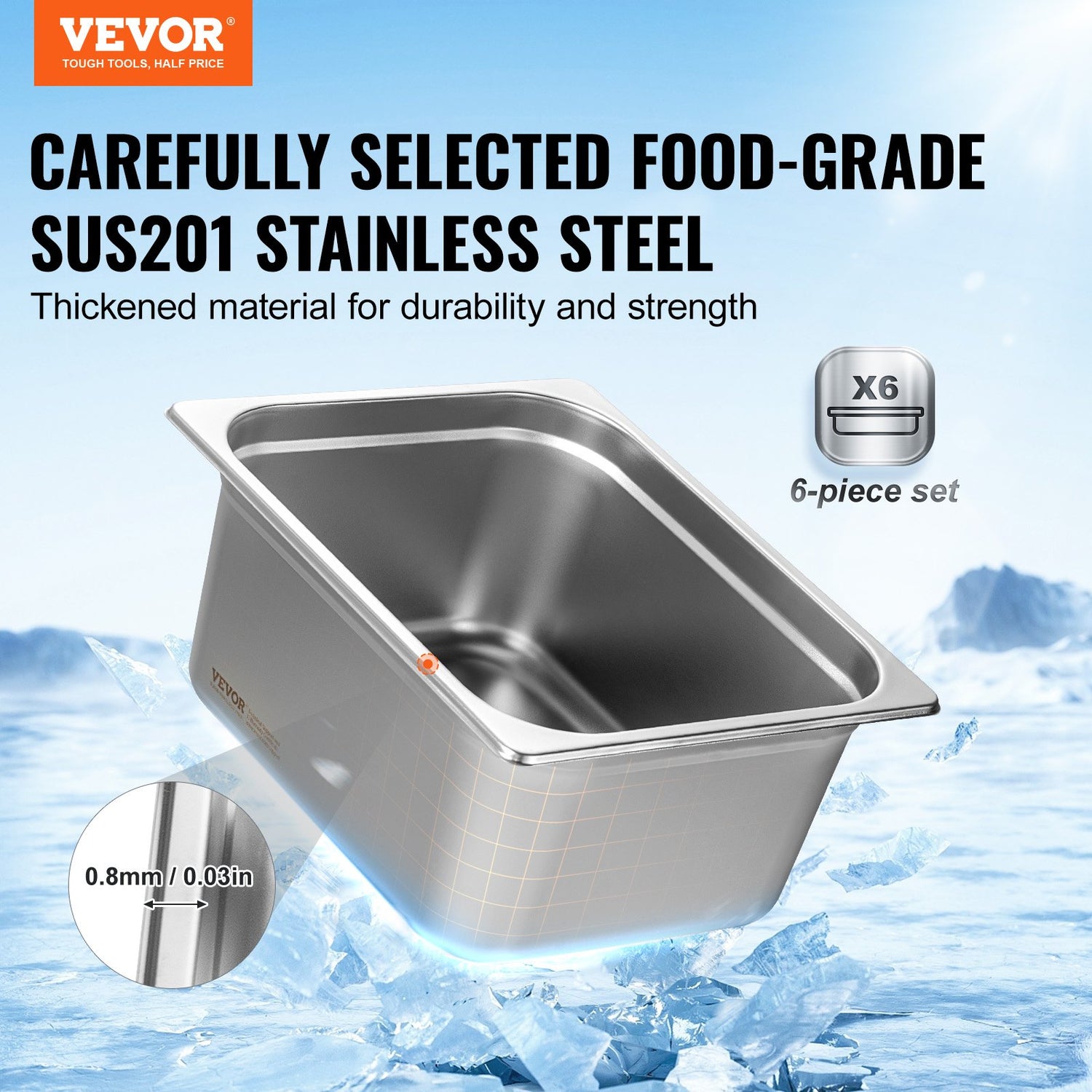 6 Pack Hotel Pans, 1/2 Size Anti-Jam Steam Pan, 0.8mm Thick Stainless Steel Restaurant Steam Table Pan, 6-Inch Deep Commercial Table Pan, Catering Storage Food Pan, For Industrial &amp; Scientific