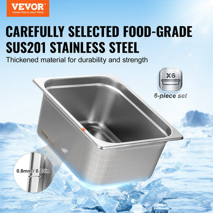 6 Pack Hotel Pans, 1/2 Size Anti-Jam Steam Pan, 0.8mm Thick Stainless Steel Restaurant Steam Table Pan, 6-Inch Deep Commercial Table Pan, Catering Storage Food Pan, For Industrial &amp; Scientific