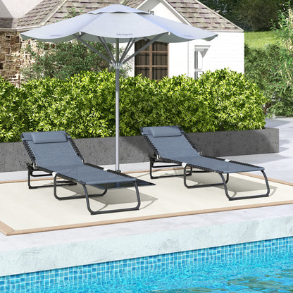 2 Folding Chaise Lounge Pool Chairs with 4-Position Reclining Back, Pillow, Breathable Mesh &amp; Bungee Seat, Gray