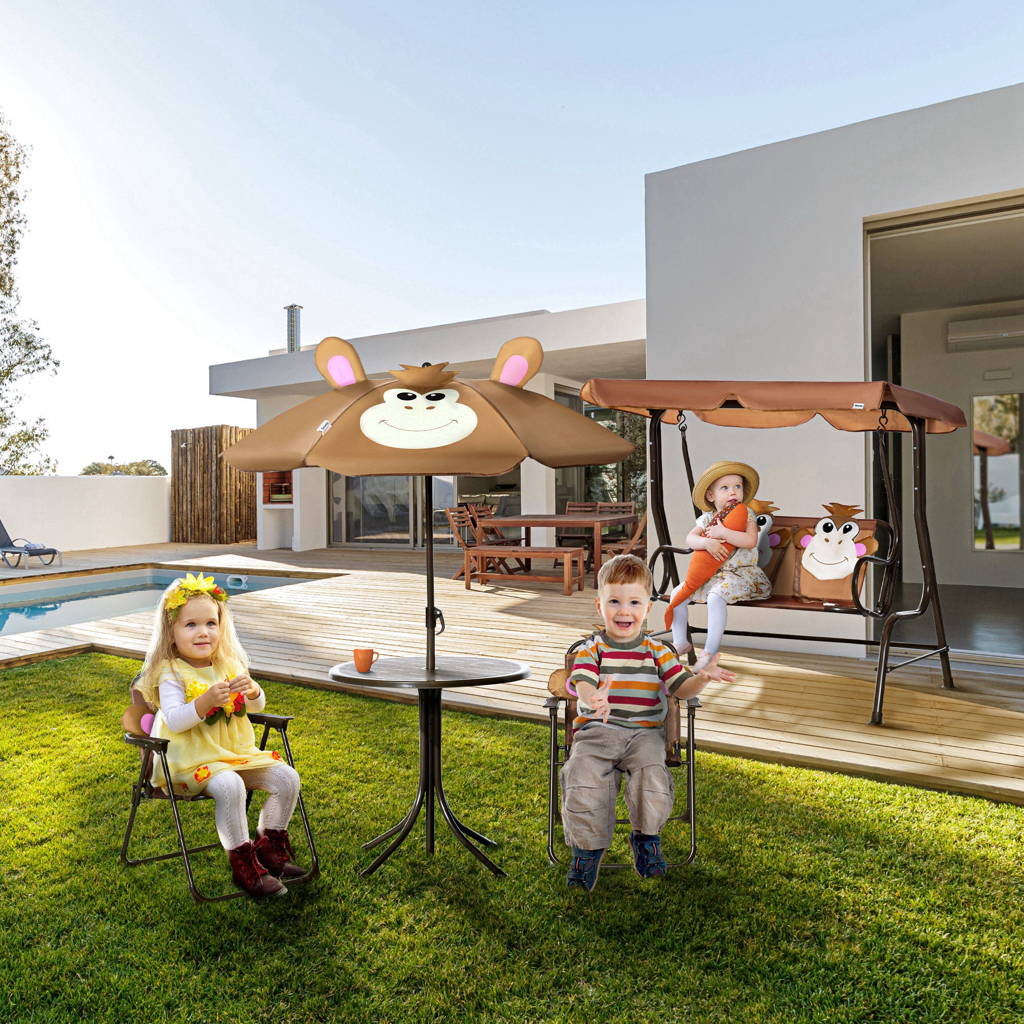 Kids Table and Chair Set, Outdoor Folding Garden Furniture, Picnic Table for Patio Backyard, with Removable &amp; Height Adjustable Sun Umbrella, Aged 3-6 Years Old, Brown