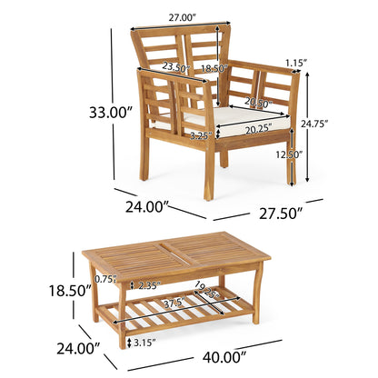 Caydon 2 Club Chairs + Table Outdoor Set with Slat Panel Design - Natural Wood