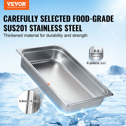 4 Pack Hotel Pans, Full Size Anti-Jam Steam Pan With Lid, 0.8mm Thick Stainless Steel Steam Table Pan, 4-Inch Deep Commercial Table Pan, Catering Storage Food Pan, For Industrial &amp; Scientific