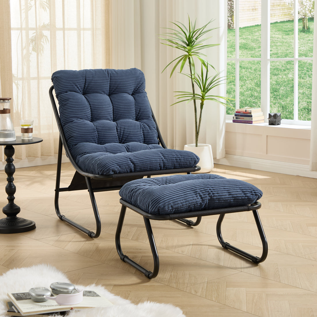 Patio Outdoor Lounge Chair With Ottoman, Comfy Sling Recliner Chair With Puffy Cushion And Foot Stool,  Ideal For Living Room, Bedroom, Reading Room, Black Frame With Navy Blue Cushion