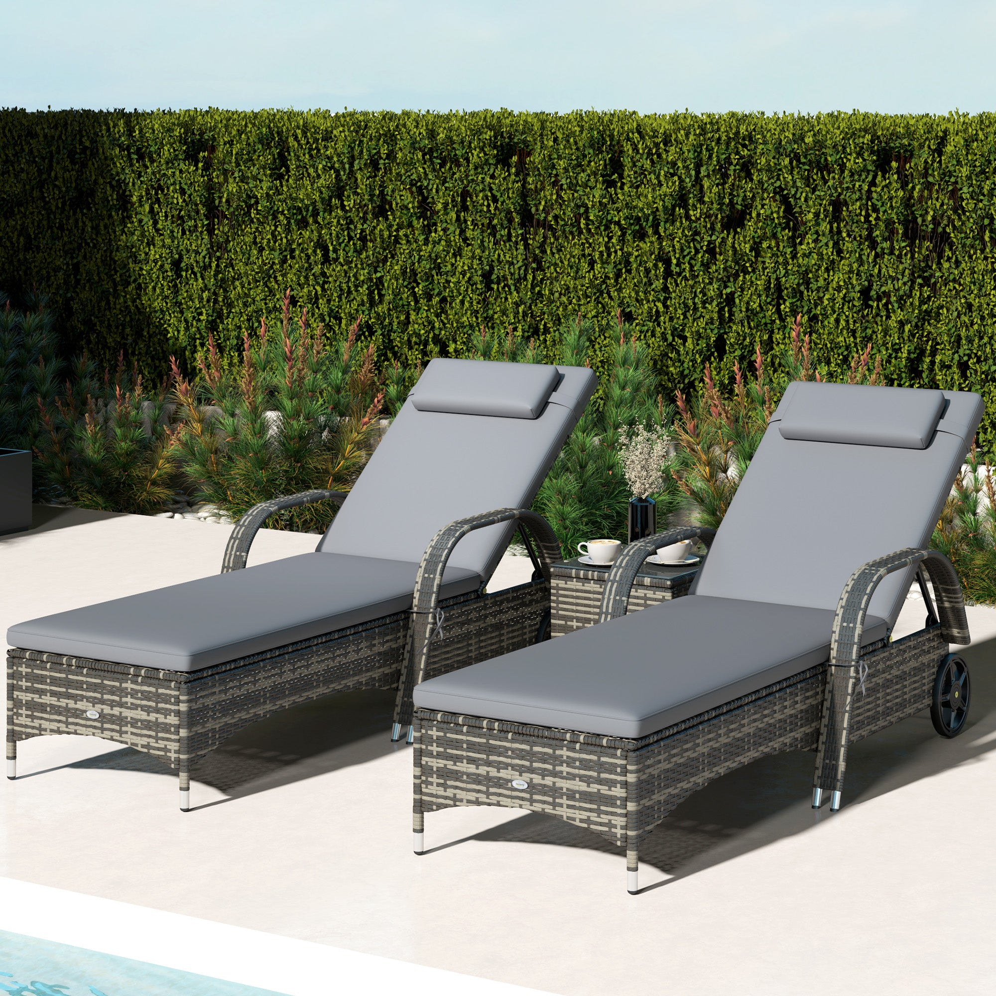 Patio Wicker Chaise Lounge Chair Set Of 2 With Table, Adjustable Backrest, Wheels, Cushion &amp; Headrest, Gray