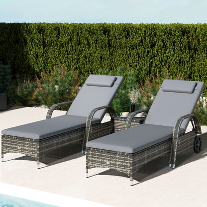 Patio Wicker Chaise Lounge Chair Set Of 2 With Table, Adjustable Backrest, Wheels, Cushion &amp; Headrest, Gray