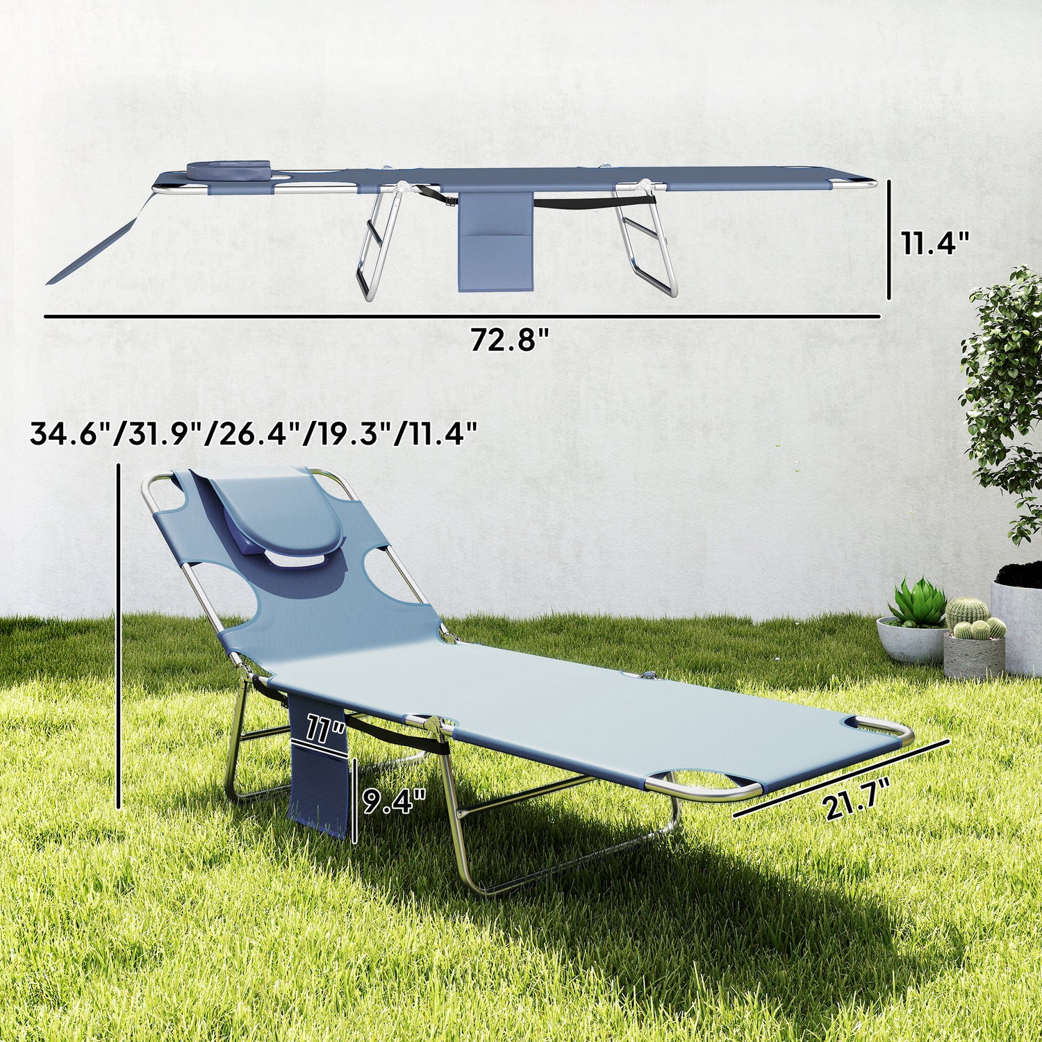Folding Outdoor Chaise Lounge Sun Tanning Chair with Face Cavity, Pillow, 5-level Adjustable for Beach, Pool, Gray