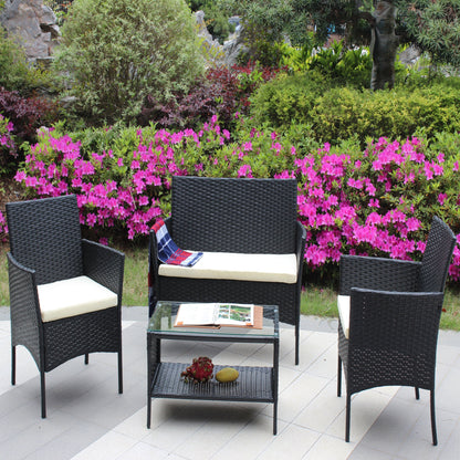 4 PC Rattan Patio Furniture Set with Cushioned Sofa - Black