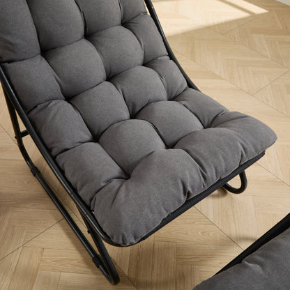 Patio Outdoor Lounge Chair With Ottoman, Comfy Sling Recliner Chair With Puffy Cushion And Foot Stool, Ideal For Living Room, Bedroom, Reading Room, Black Frame With Grey Cushion