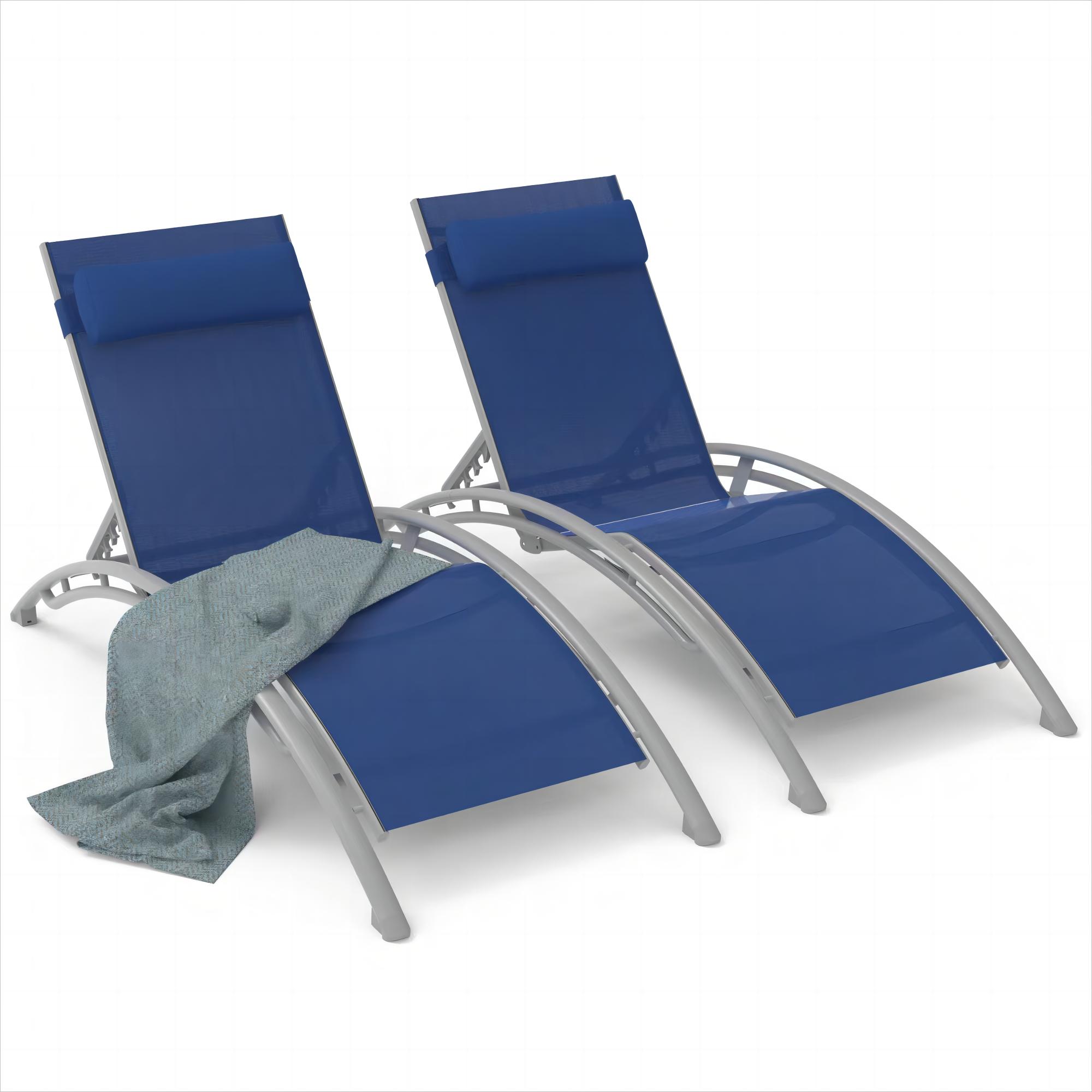 Outdoor Chaise Lounge Set Of 2 Patio Recliner Chairs With Adjustable Backrest And Removable Pillow For Indoor&amp;Outdoor Beach Pool Sunbathing Lawn  Blue,2 Lounge Chair