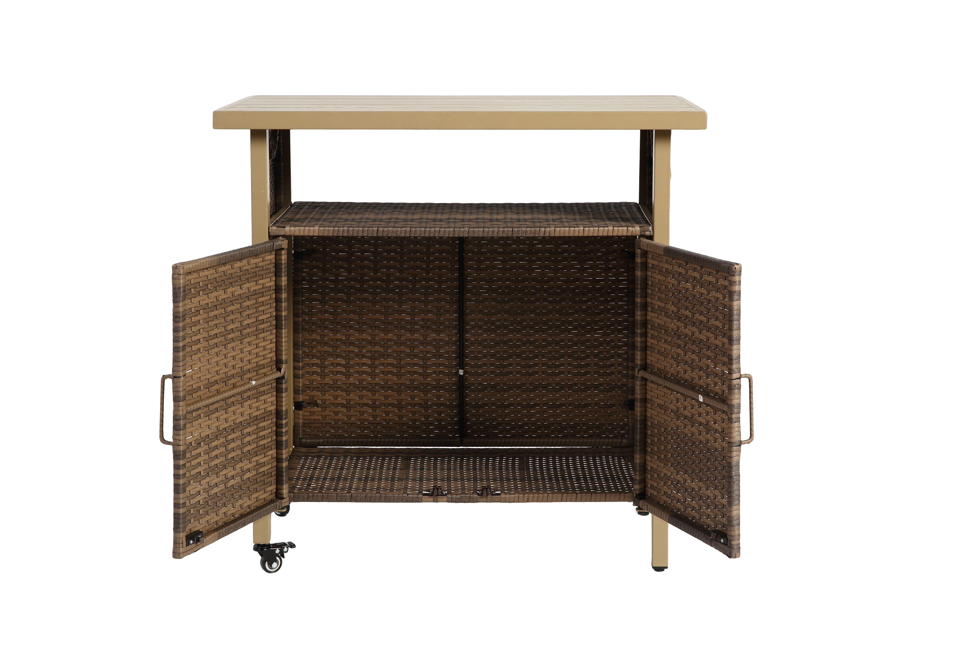 Outdoor Wicker Bar Cart, Patio Wine Serving Cart W  Wheels , Rolling Rattan Beverage Bar Counter Table W Glass Top For Porch Backyard Garden Poolside Party, Beige