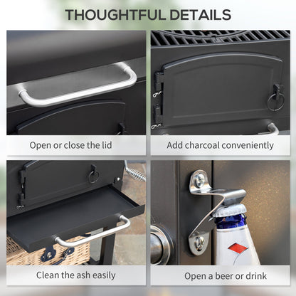 Charcoal Grill with Adjustable Height and Folding Shelves - Black Steel