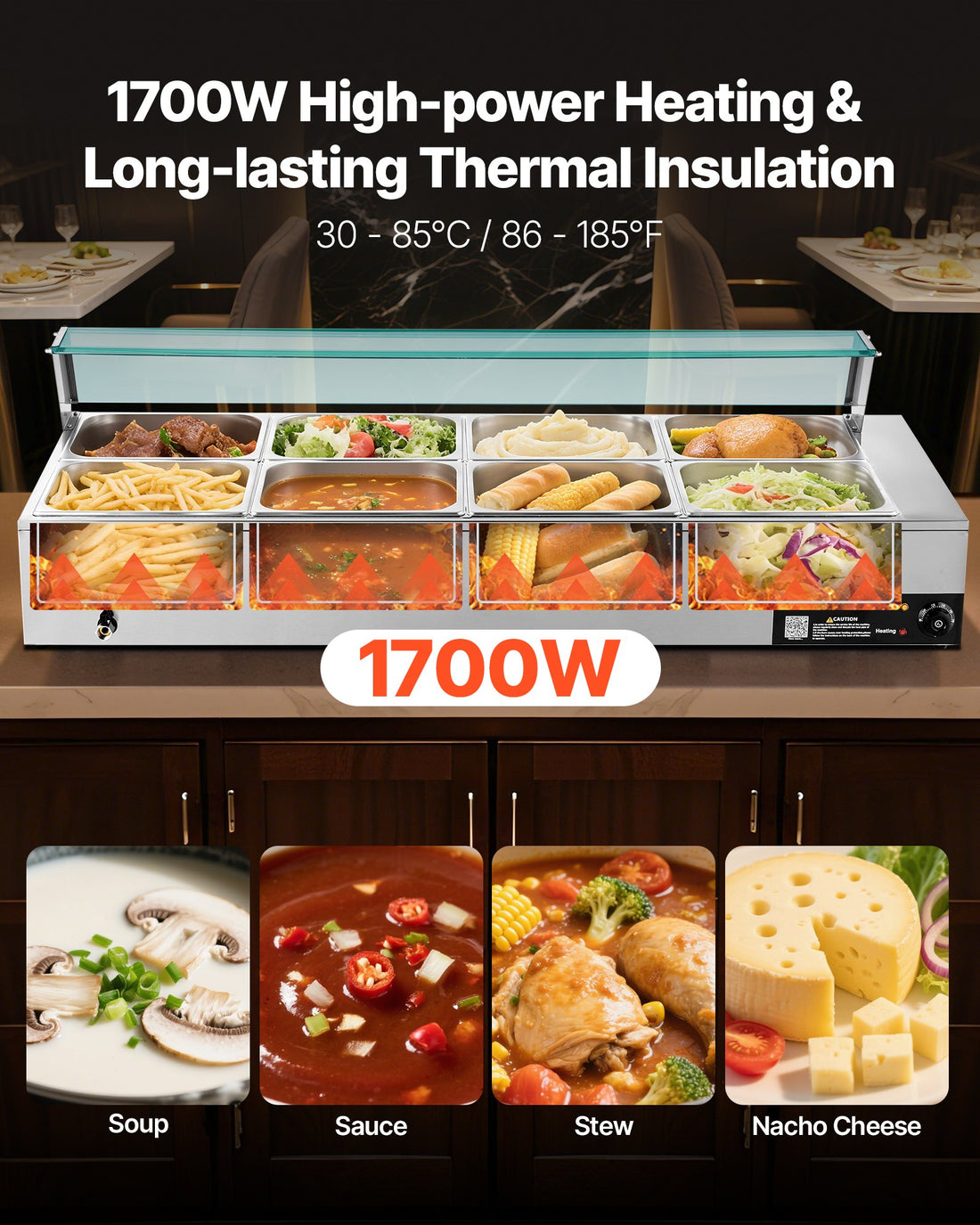 Commercial Food Warmer, 1700W Electric Stainless Steel Steam Food Warmer With Glass Cover, 8-Pan Countertop Buffet Bain Marie With Soup &amp; Perforated Ladles, For Catering, Restaurant &amp; Party
