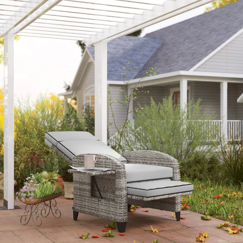 Outdoor Recliner Chair With Cushions, Reclining Patio Lounge Chair With Adjustable Footrest, Armrests, Tray Table, Gray