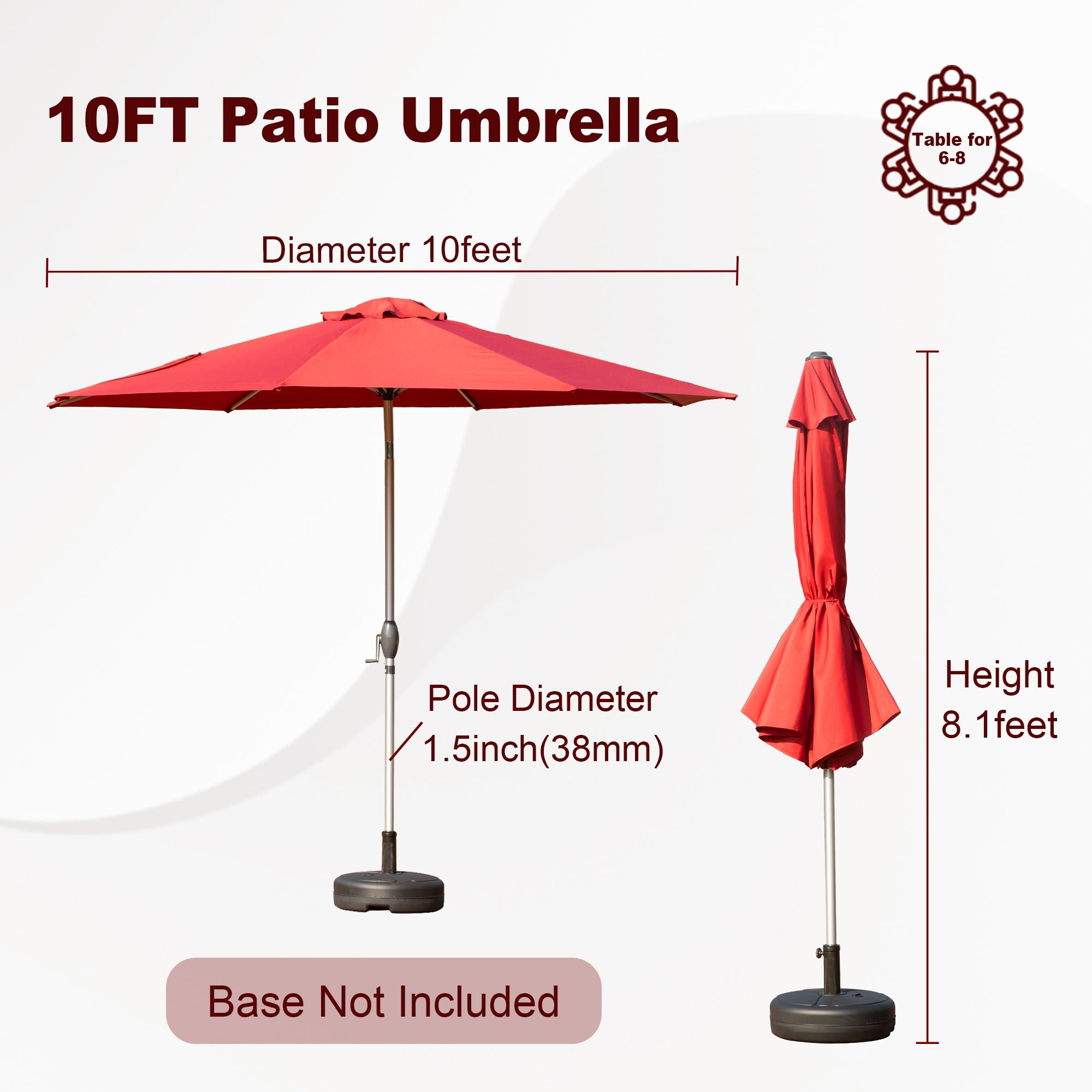 10FT Patio Umbrella, Outdoor Table Umbrella With Push Button Tilt And Crank, UV Protection Waterproof Market Sun Umbrella With 8 Sturdy Ribs For Garden, Deck, Backyard, Pool  Brick Red