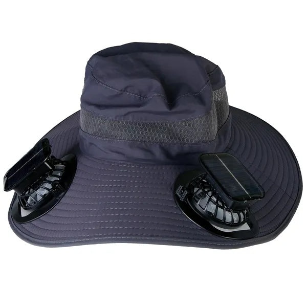 Outdoor Wide Brim Sun Hat With 2 Rechargeable Fans Solar Powered 3 Wind Speeds UPF50 Breathable Waterproof Nylon Mesh Outdoor Hat For Hiking Camping Hunting Fishing