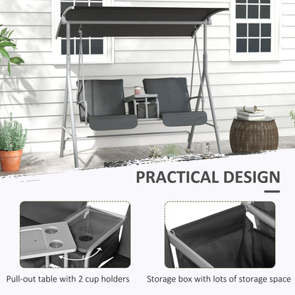 2-Seater Outdoor Porch Swing with Canopy and Table, Patio Swing Chair for Garden, Poolside, Backyard, Gray