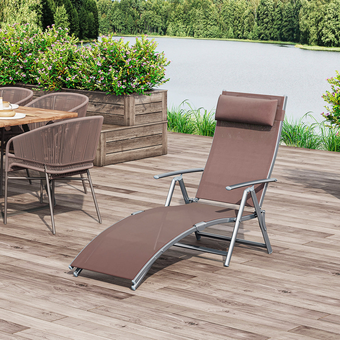 Sun Lounger Steel Frame Outdoor Folding Chaise Texteline Lounge Chair Recliner With Headrest &amp; 7 Levels Adjustable Backrest, Brown