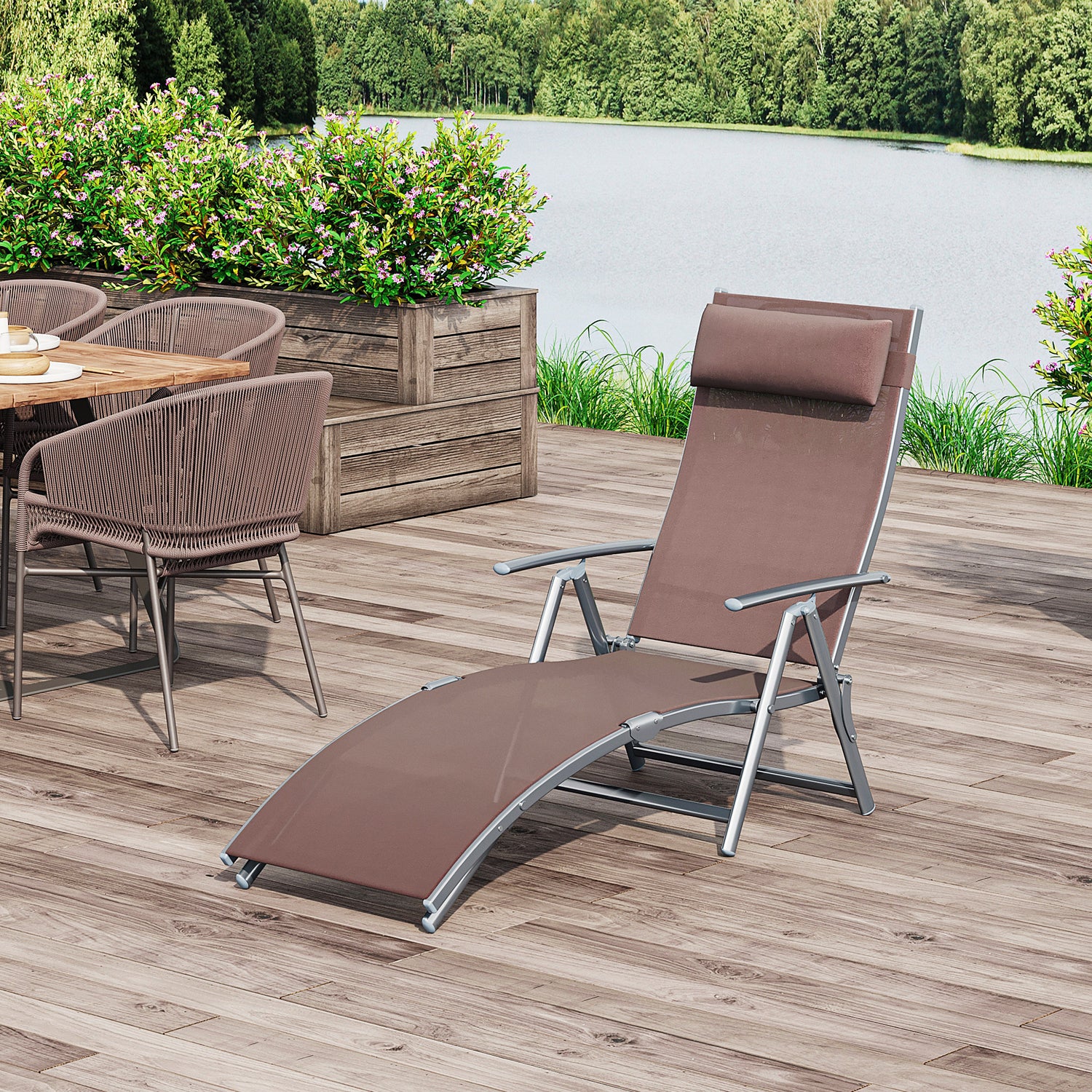 Sun Lounger Steel Frame Outdoor Folding Chaise Texteline Lounge Chair Recliner With Headrest &amp; 7 Levels Adjustable Backrest, Brown