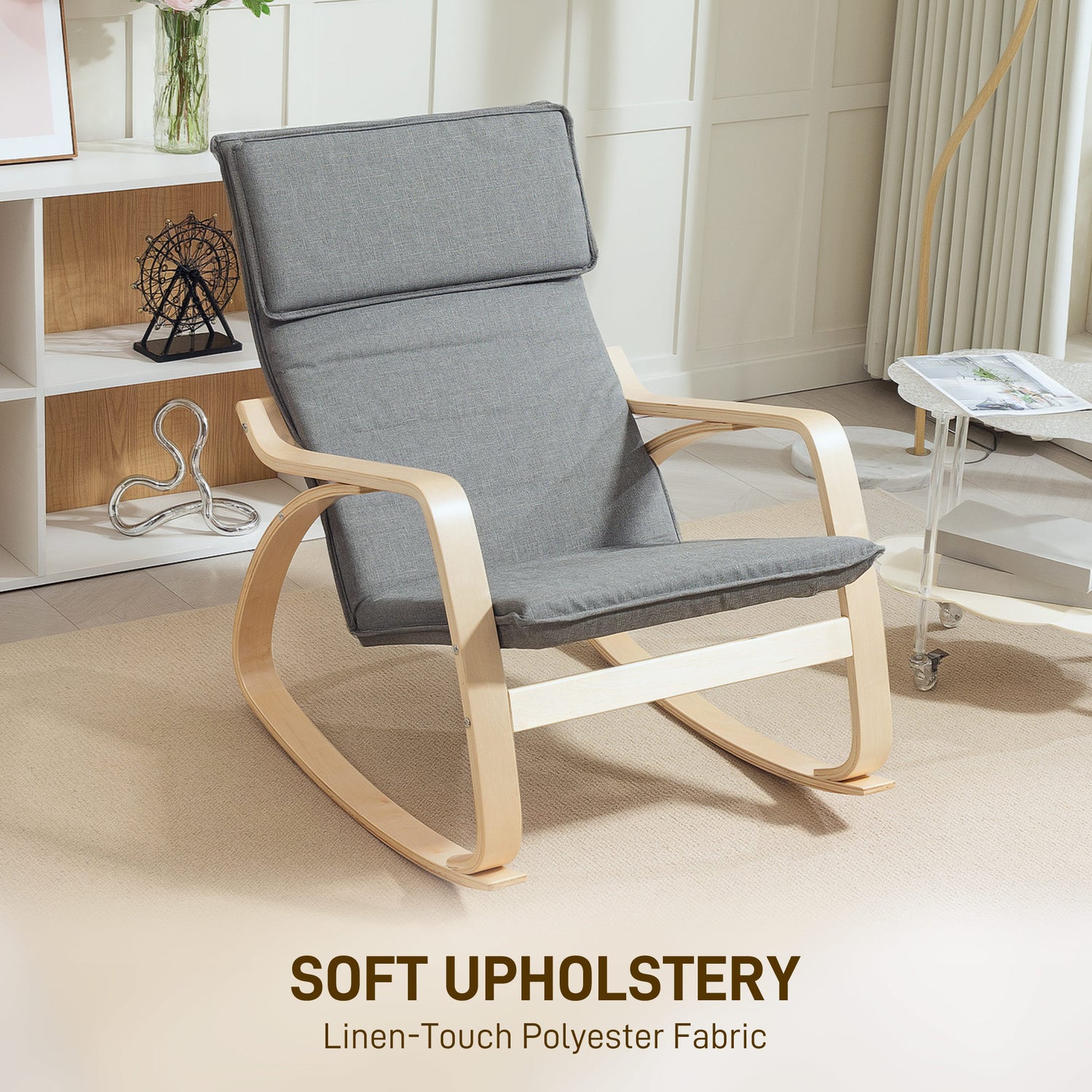 Comfortable Relax Rocking Chair, Upholstered Lounge Chair Recliner With High Back And Headrest For Living Room, Bedroom, Grey