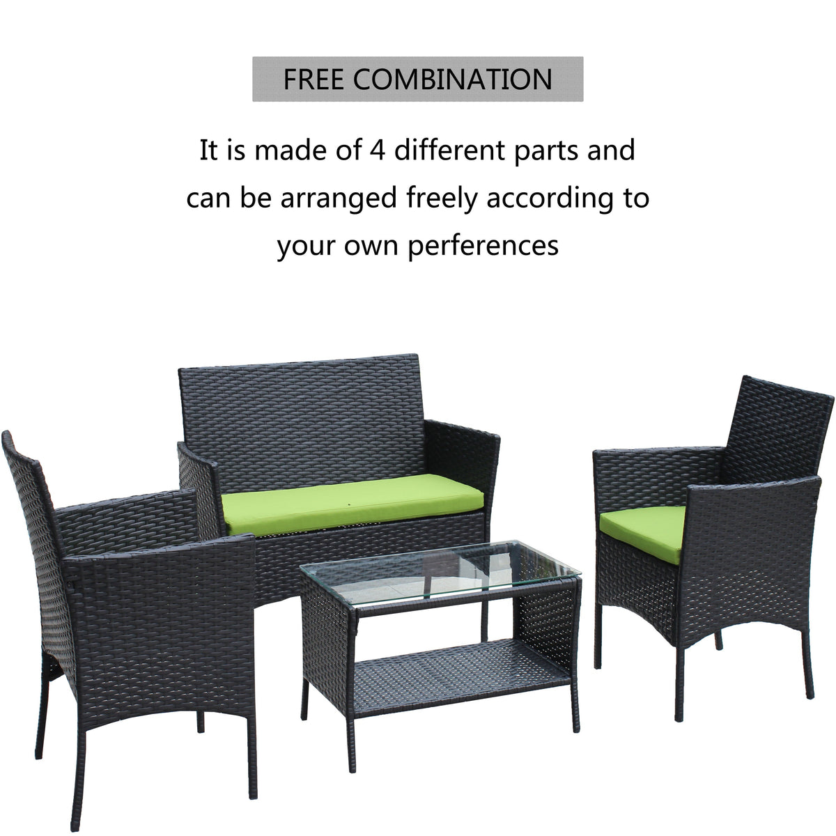 4 PC Rattan Patio Furniture Set with Cushions - Black and Green