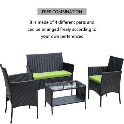 4 PC Rattan Patio Furniture Set with Cushions - Black and Green