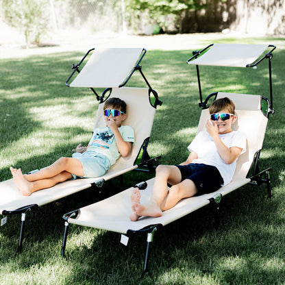 Folding Chaise Lounge Pool Lounge Chairs Set of 2, Outdoor Sun Tanning Chairs with Canopy Shade, Reclining Back, Steel Frame and Side Pocket for Beach, Yard, Patio, Tan