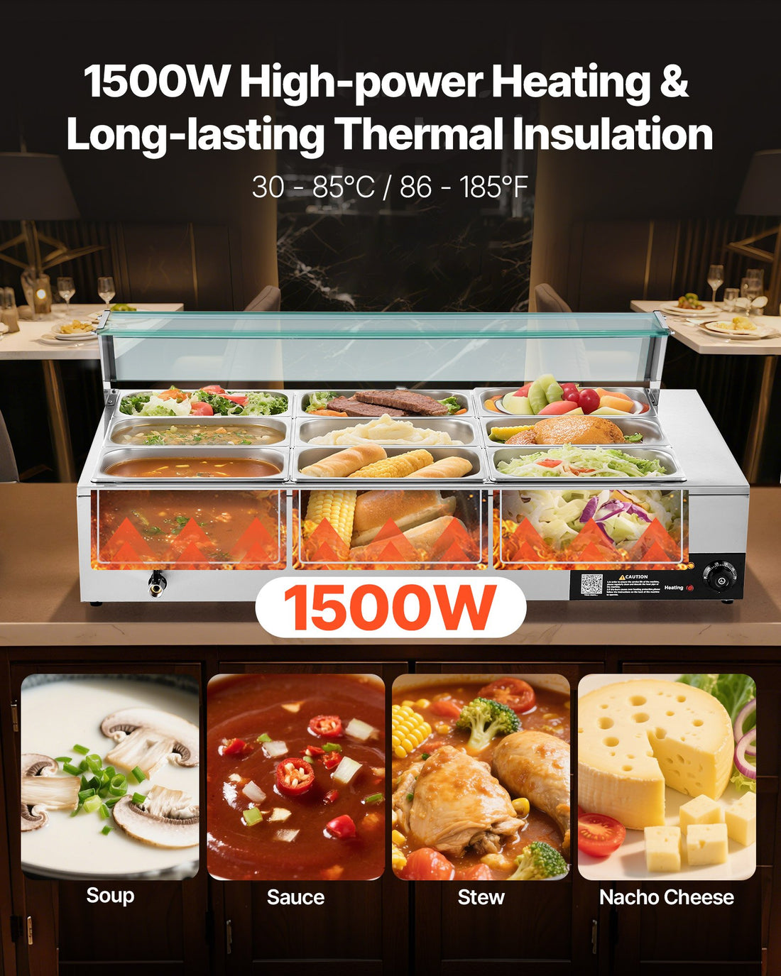 Commercial Food Warmer, 1500W Electric Stainless Steel Steam Food Warmer With Glass Cover, 9-Pan Countertop Buffet Bain Marie With Soup &amp; Perforated Ladles, For Catering, Restaurant &amp; Party