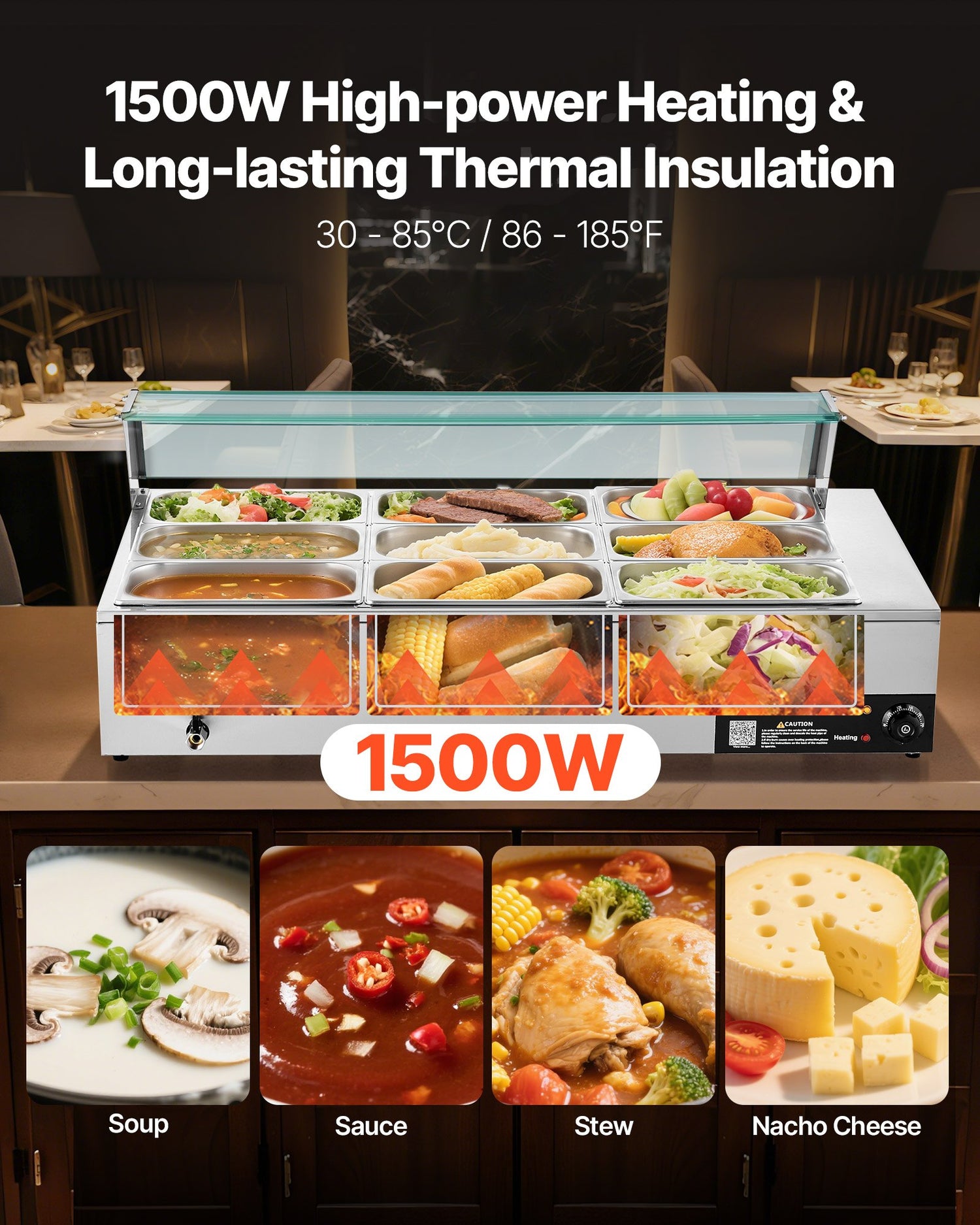Commercial Food Warmer, 1500W Electric Stainless Steel Steam Food Warmer With Glass Cover, 9-Pan Countertop Buffet Bain Marie With Soup &amp; Perforated Ladles, For Catering, Restaurant &amp; Party