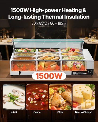 Commercial Food Warmer, 1500W Electric Stainless Steel Steam Food Warmer With Glass Cover, 9-Pan Countertop Buffet Bain Marie With Soup &amp; Perforated Ladles, For Catering, Restaurant &amp; Party