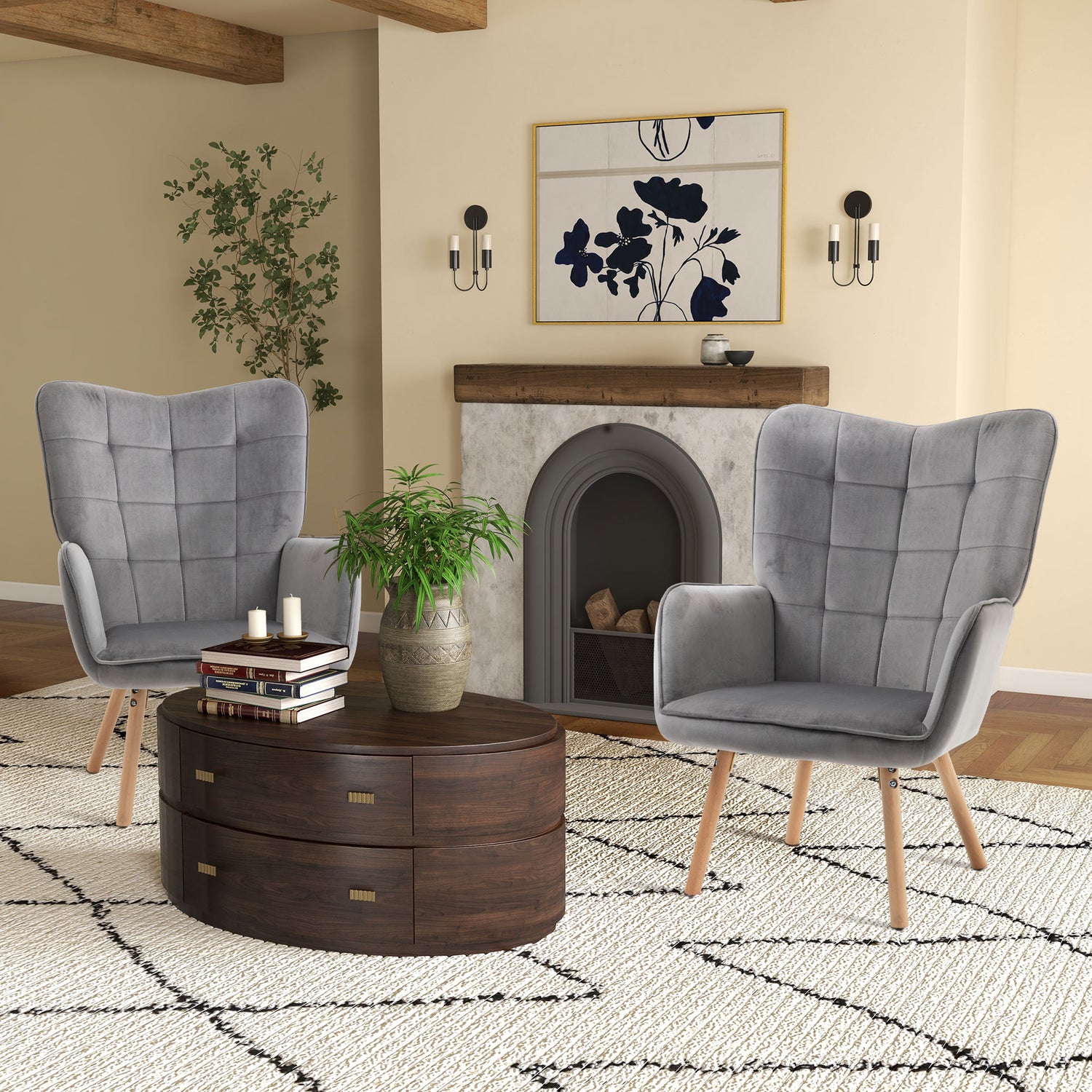 Modern Accent Chair Velvet-Touch Tufted Wingback Armchair Upholstered Leisure Lounge Sofa Club Chair With Wood Legs, Set Of 2, Grey