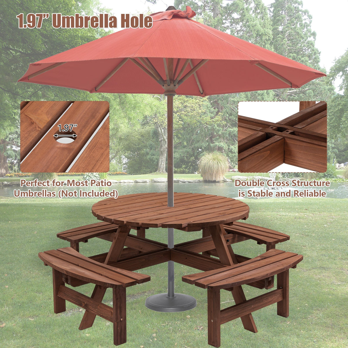 8 Person Wooden Picnic Table with Umbrella Hole - Brown