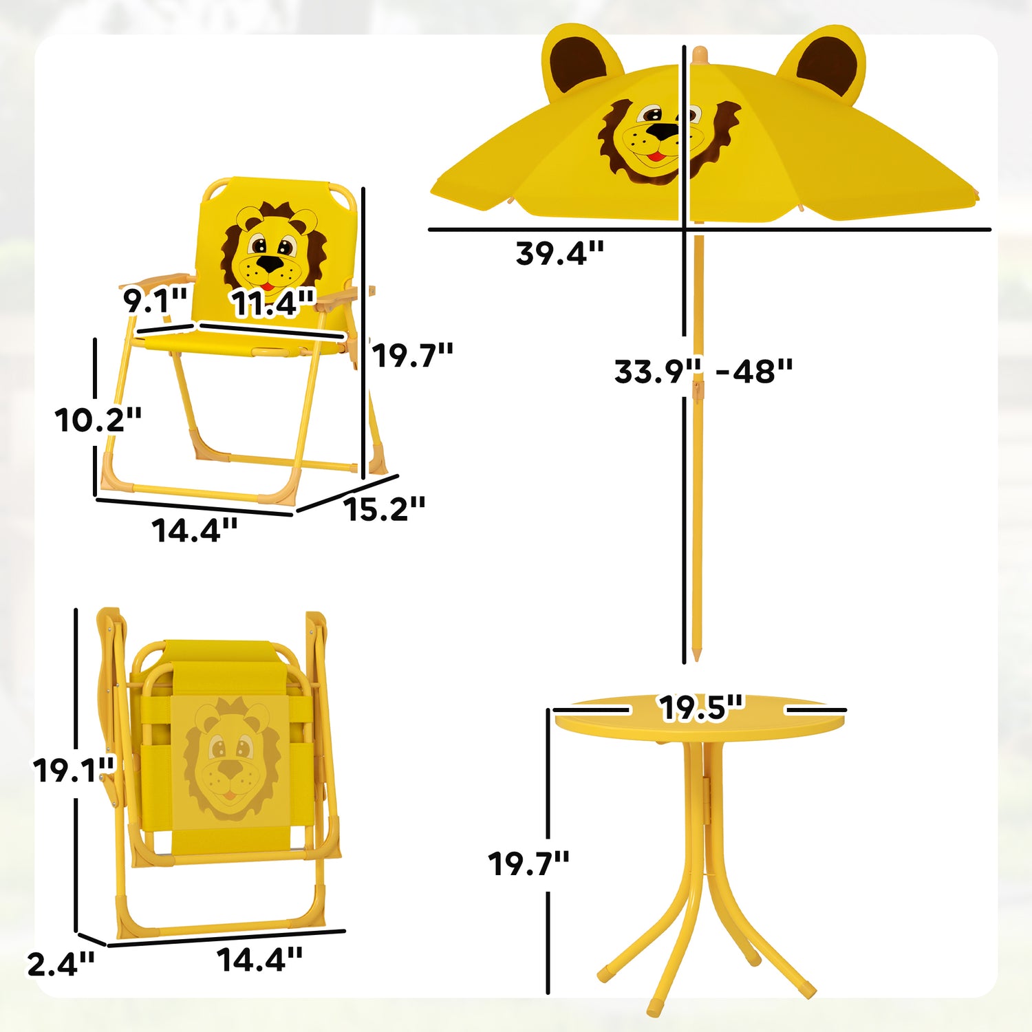 Kids Picnic Table and Chair Set, Outdoor Activity Table with Foldable Chairs, Height Adjustable Umbrella, Yellow