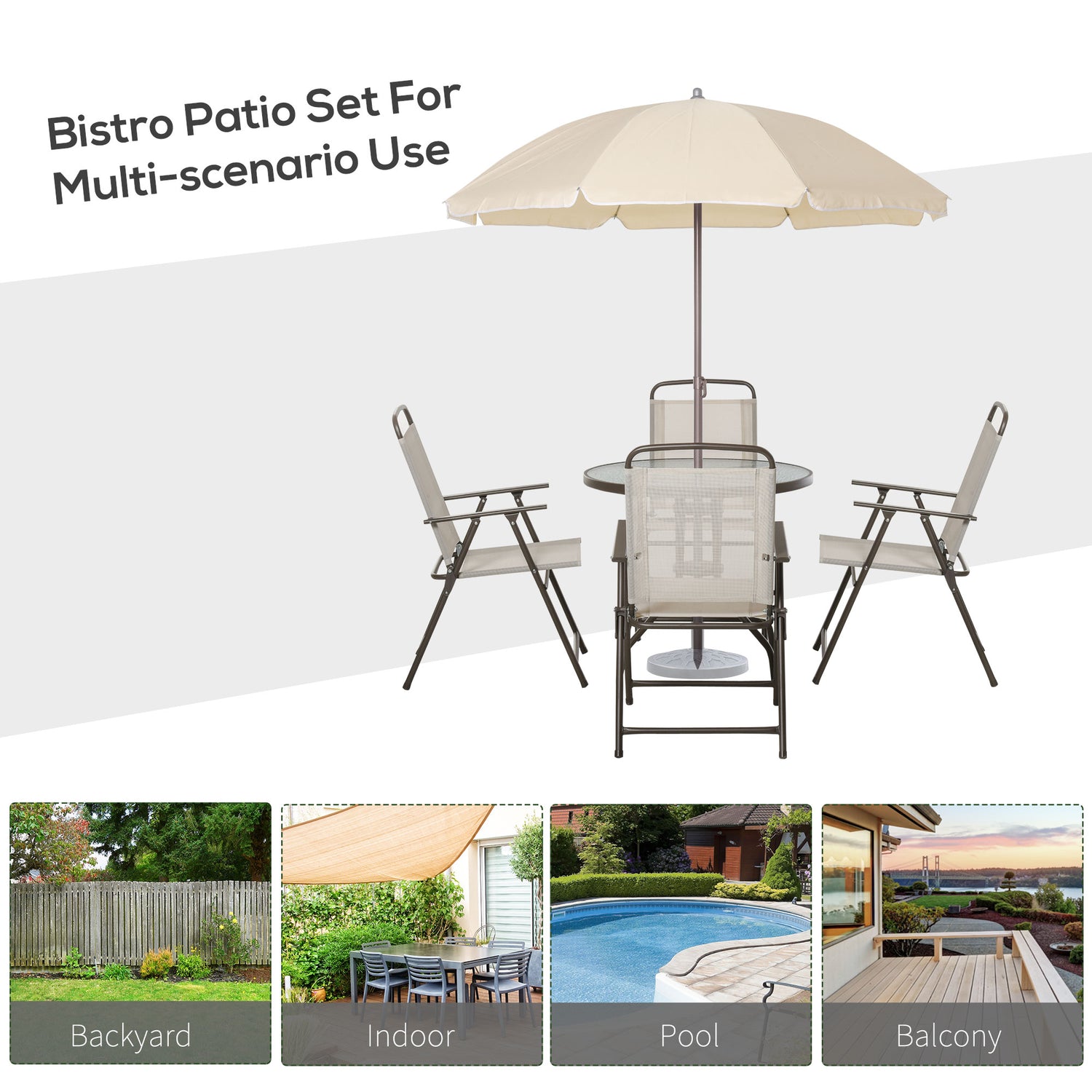 6 Piece Patio Dining Set for 4 with Umbrella, Outdoor Table and Chairs with 4 Folding Dining Chairs &amp; Round Glass Table for Garden, Backyard and Poolside, Beige