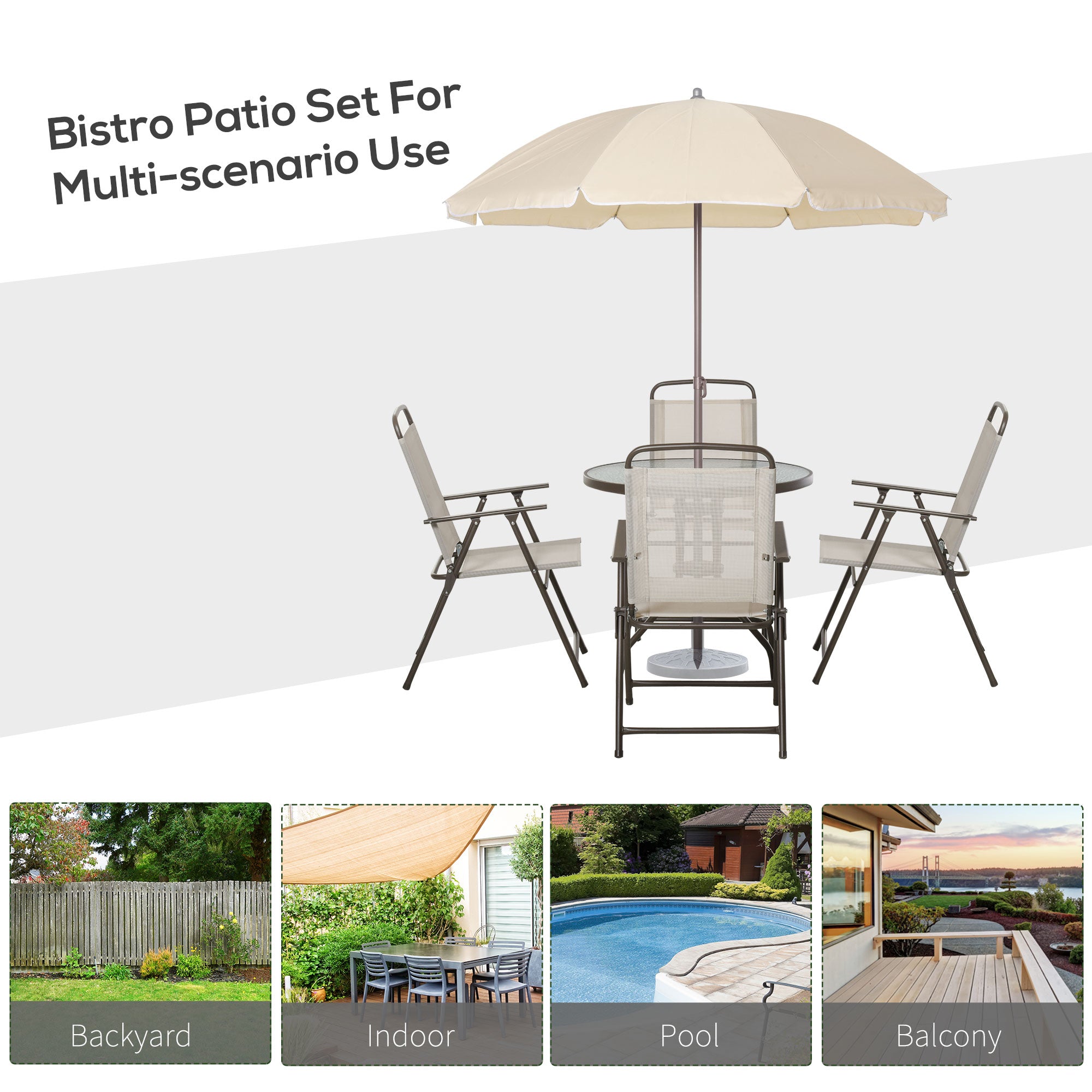 6 Piece Patio Dining Set for 4 with Umbrella, Outdoor Table and Chairs with 4 Folding Dining Chairs &amp; Round Glass Table for Garden, Backyard and Poolside, Beige