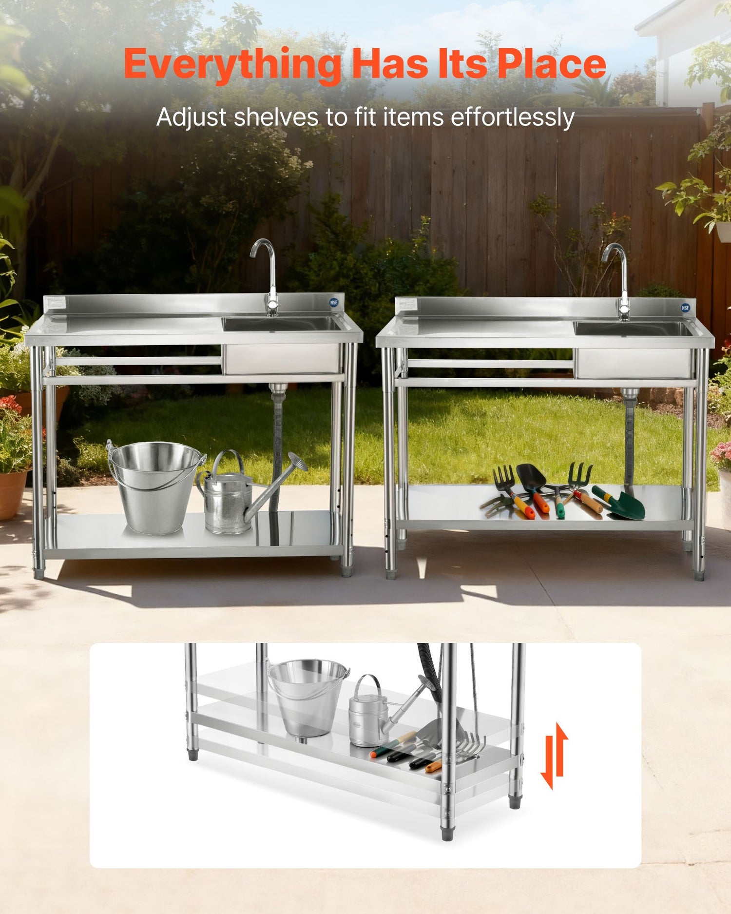 Stainless Steel Utility Sink, Free Standing Single Bowl Commercial Kitchen Sink With Faucet, Utility Left Basin Workbench With Hot &amp; Cold Water Pipe For Garage Restaurant Laundry, 47x19.7x37 In