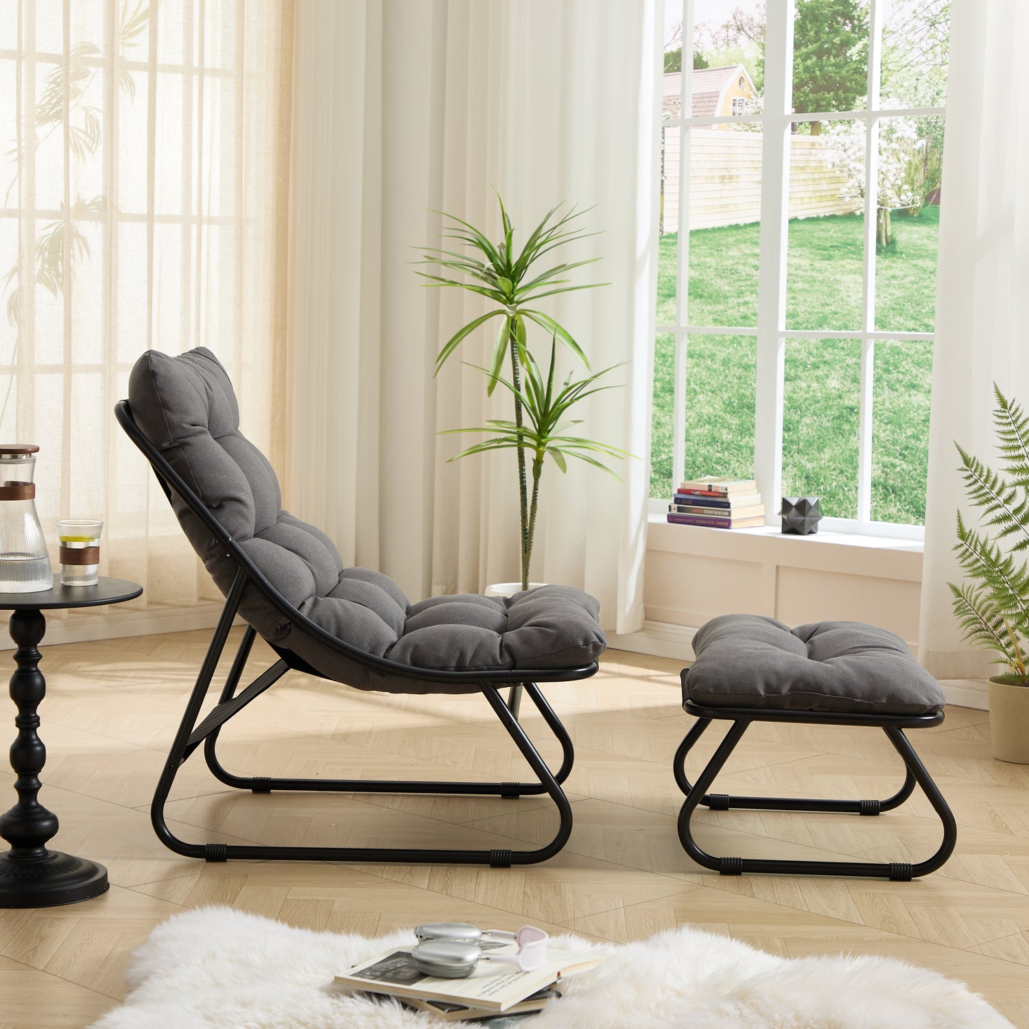 Patio Outdoor Lounge Chair With Ottoman, Comfy Sling Recliner Chair With Puffy Cushion And Foot Stool, Ideal For Living Room, Bedroom, Reading Room, Black Frame With Grey Cushion