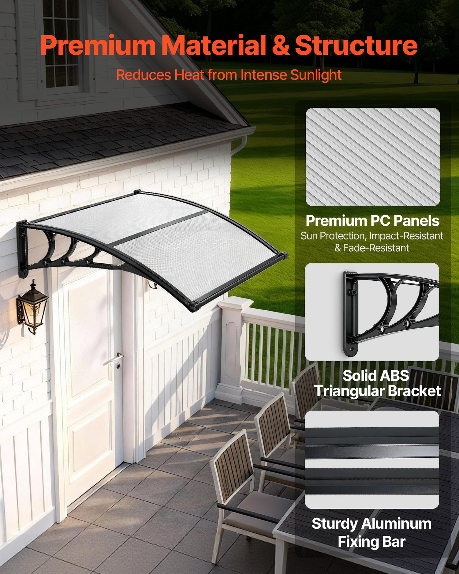 Awnings For Door Entrance, 38 X 40 In, Exterior Front Door Window Awnings With Drainage &amp; ABS Bracket, Rain Snow Sun Protection, Overhang Polycarbonate Door Canopy For Porch Patio, Clear