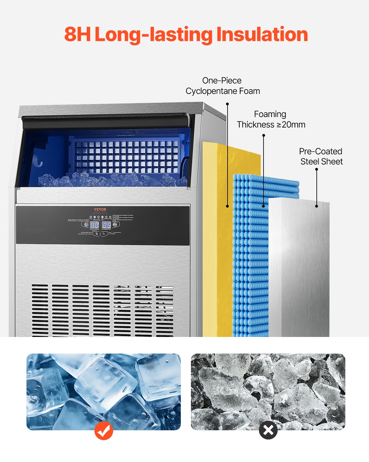 160lbs/24H Commercial Ice Maker Machine, 66lbs Storage Capacity Ice Maker With Drain Pump, 80 Ice Cubes In 15 Minutes, LED Digital Display Freestanding Self-Cleaning For Bar Office Restaurant