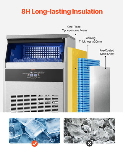 160lbs/24H Commercial Ice Maker Machine, 66lbs Storage Capacity Ice Maker With Drain Pump, 80 Ice Cubes In 15 Minutes, LED Digital Display Freestanding Self-Cleaning For Bar Office Restaurant