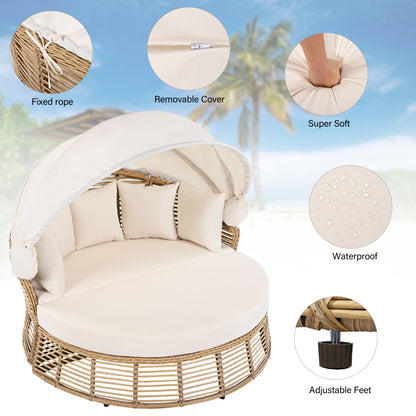 Outdoor Patio Rattan Round Daybed With Retractable Canopy, Wicker Furniture Round Poolside Sofa Sunbed With Removable Cushions, Backyard, Porch, Beige